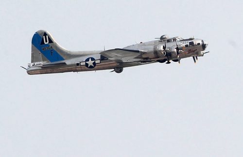 A B-17 WWII Bomber arrives at James A Richardson International airport in Winnipeg Monday morning- It and a B-25 will be on display today from 1 PM- 530 PM at the Royal Aviation Museum of Western Canada- June 30- July 05 viewing will be from 930 AM- 530 PM-    Standup Photo- June 29, 2015   (JOE BRYKSA / WINNIPEG FREE PRESS)