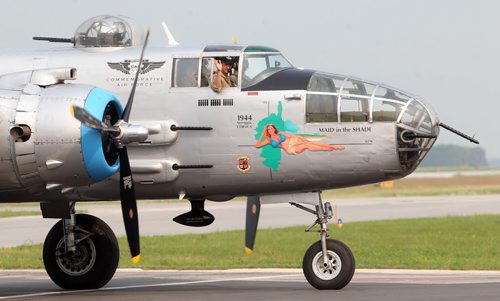 A B-25 WWII Bomber arrives at James A Richardson International airport in Winnipeg Monday morning- It and a B-17 will be on display today from 1 PM- 530 PM at the Royal Aviation Museum of Western Canada- June 30- July 05 viewing will be from 930 AM- 530 PM-    Standup Photo- June 29, 2015   (JOE BRYKSA / WINNIPEG FREE PRESS)