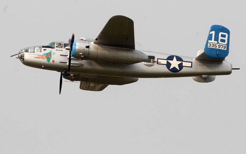 A B-25 WWII Bomber arrives at James A Richardson International airport in Winnipeg Monday morning- It and a B-17 will be on display today from 1 PM- 530 PM at the Royal Aviation Museum of Western Canada- June 30- July 05 viewing will be from 930 AM- 530 PM-    Standup Photo- June 29, 2015   (JOE BRYKSA / WINNIPEG FREE PRESS)