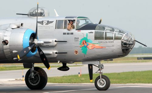 A B-25 WWII Bomber arrives at James A Richardson International airport in Winnipeg Monday morning- It and a B-17 will be on display today from 1 PM- 530 PM at the Royal Aviation Museum of Western Canada- June 30- July 05 viewing will be from 930 AM- 530 PM-    Standup Photo- June 29, 2015   (JOE BRYKSA / WINNIPEG FREE PRESS)