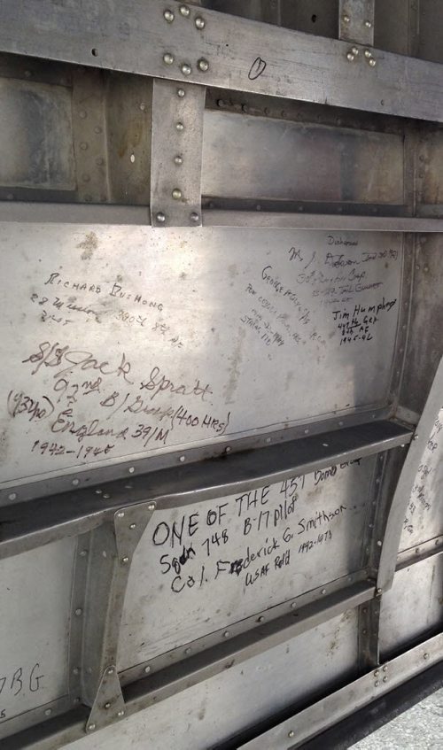 Signatures of former crew members of the B-25 "Maid in the Shade" in the "bomb bay" of the aircraft.  - on display and can be toured now through July 5 at Winnipeg's Royal Aviation Museum.   Ashley Prest / Winnipeg Free Press June 29, 2015
