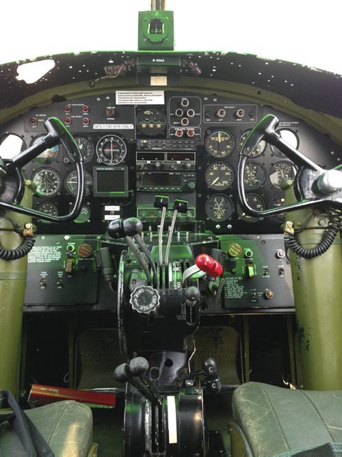 Cockpit - photo taken between pilot seats - of the B-25 "Maid in the Shade" - on display and can be toured now through July 5 at Winnipeg's Royal Aviation Museum.   Ashley Prest / Winnipeg Free Press June 29, 2015