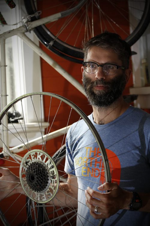 June 30, 2015 - 150630 - Derek Eidse, University of Winnipeg instructor and independent film-maker, is photographed at his home Tuesday, June 30, 2015 with a Sekine bike which were made in Manitoba during the 70s and 80s.  John Woods / Winnipeg Free Press