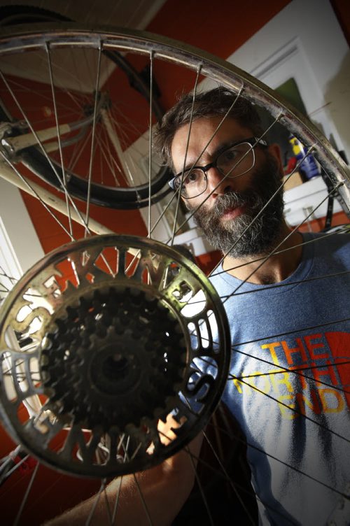 June 30, 2015 - 150630 - Derek Eidse, University of Winnipeg instructor and independent film-maker, is photographed at his home Tuesday, June 30, 2015 with a Sekine bike which were made in Manitoba during the 70s and 80s.  John Woods / Winnipeg Free Press