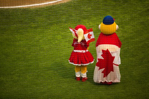 Goldie and Goldette dress up for Canada Day when the Winnipeg Goldeyes play the Sioux City Explorers at Shaw Park on Wednesday, July 1, 2015. Mikaela MacKenzie / Winnipeg Free Press