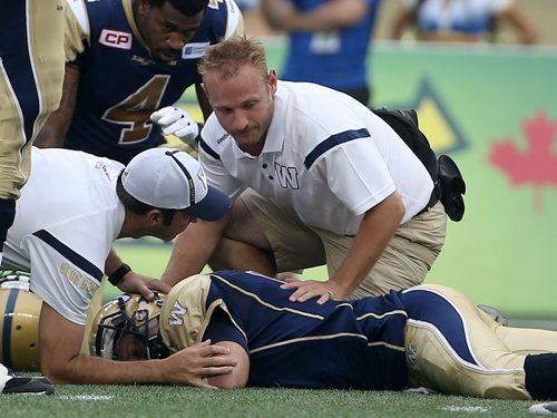 Hamilton Tiger-Cats'  Taylor Reed (44) and Ted Laurent (97) sacked Winnipeg Blue Bombers' quarterback Drew Willy (5). Willy would be hurt on the play and be forced to leave the game. Thursday, July 2, 2015. (TREVOR HAGAN/WINNIPEG FREE PRESS)