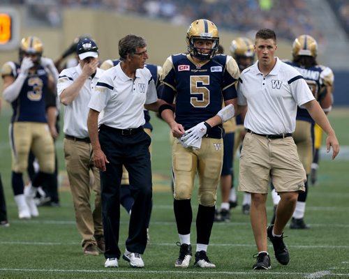 Hamilton Tiger-Cats'  sacked Winnipeg Blue Bombers' quarterback Drew Willy (5). Willy would be hurt on the play and be forced to leave the game. Thursday, July 2, 2015. (TREVOR HAGAN/WINNIPEG FREE PRESS)