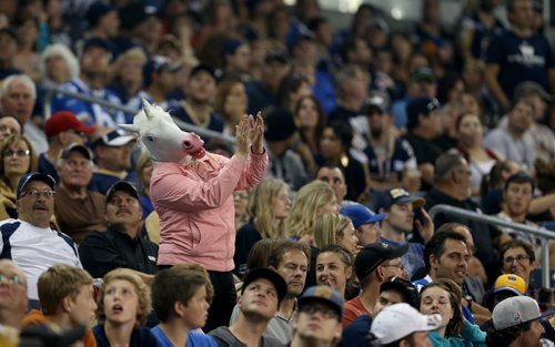 A unicorn Winnipeg Blue Bombers' fan cheers as the team plays against the Hamilton Tiger-Cats' during second half CFL action, Thursday, July 2, 2015. (TREVOR HAGAN/WINNIPEG FREE PRESS)