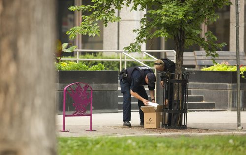 Police and a K-9 unit investigate at Broadway and Hargrave in Winnipeg on Friday, July 3, 2015. Mikaela MacKenzie / Winnipeg Free Press