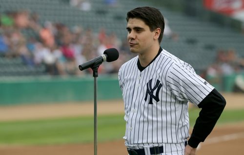 Actor Robert Piche re-enacts Lou Gehrig's farewell speech, Saturday, July 4, 2015. (TREVOR HAGAN/WINNIPEG FREE PRESS)