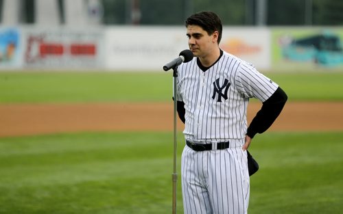 Actor Robert Piche re-enacts Lou Gehrig's farewell speech, Saturday, July 4, 2015. (TREVOR HAGAN/WINNIPEG FREE PRESS)