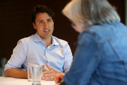 Liberal leader, Justin Trudeau, speaking with Shannon Sampert, Saturday, July 4, 2015. (TREVOR HAGAN/WINNIPEG FREE PRESS)