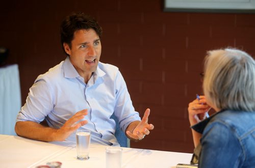 Liberal leader, Justin Trudeau, speaking with Shannon Sampert, Saturday, July 4, 2015. (TREVOR HAGAN/WINNIPEG FREE PRESS)