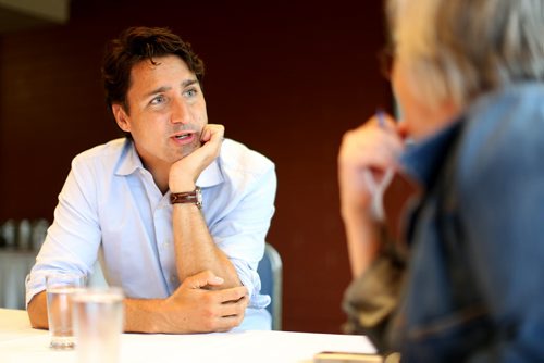 Liberal leader, Justin Trudeau, speaking with Shannon Sampert, Saturday, July 4, 2015. (TREVOR HAGAN/WINNIPEG FREE PRESS)