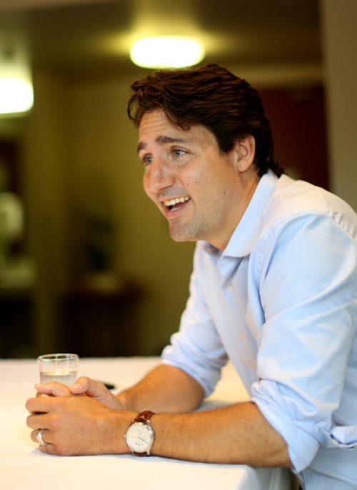 Liberal leader, Justin Trudeau, speaking with Shannon Sampert, Saturday, July 4, 2015. (TREVOR HAGAN/WINNIPEG FREE PRESS)