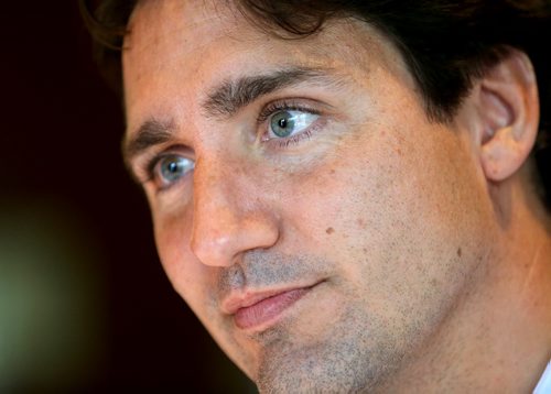 Liberal leader, Justin Trudeau, speaking with Shannon Sampert, Saturday, July 4, 2015. (TREVOR HAGAN/WINNIPEG FREE PRESS)