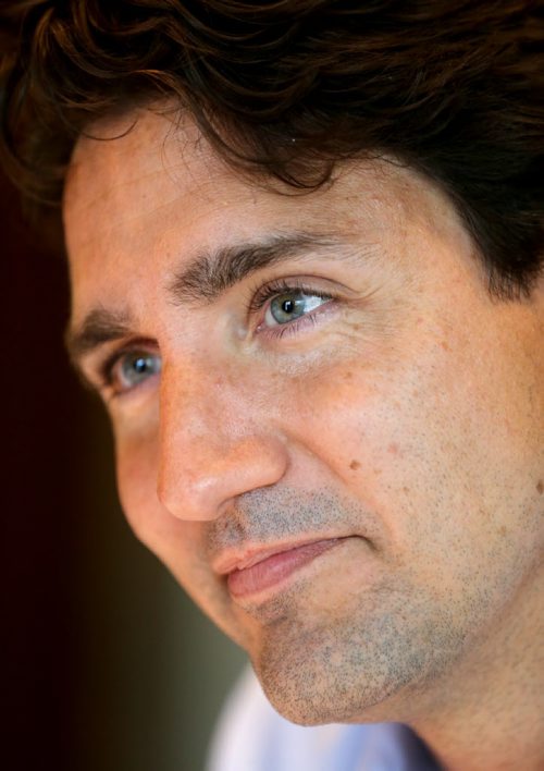 Liberal leader, Justin Trudeau, speaking with Shannon Sampert, Saturday, July 4, 2015. (TREVOR HAGAN/WINNIPEG FREE PRESS)