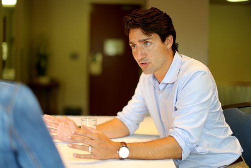 Liberal leader, Justin Trudeau, speaking with Shannon Sampert, Saturday, July 4, 2015. (TREVOR HAGAN/WINNIPEG FREE PRESS)