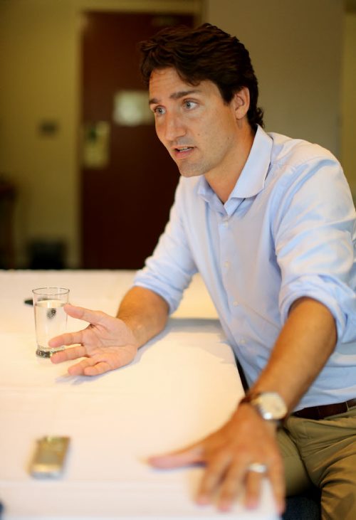 Liberal leader, Justin Trudeau, speaking with Shannon Sampert, Saturday, July 4, 2015. (TREVOR HAGAN/WINNIPEG FREE PRESS)