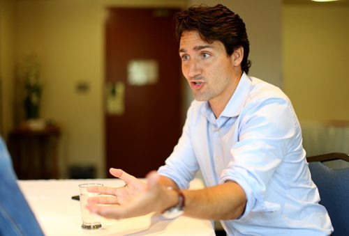 Liberal leader, Justin Trudeau, speaking with Shannon Sampert, Saturday, July 4, 2015. (TREVOR HAGAN/WINNIPEG FREE PRESS)