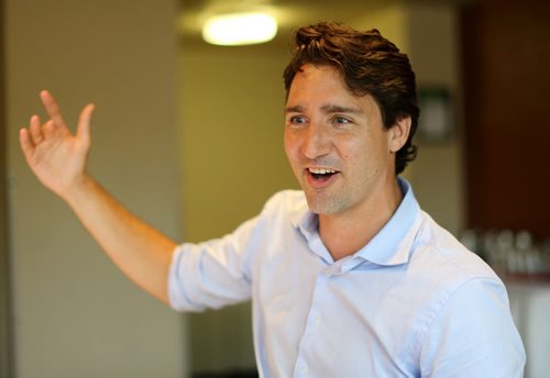 Liberal leader, Justin Trudeau, speaking with Shannon Sampert, Saturday, July 4, 2015. (TREVOR HAGAN/WINNIPEG FREE PRESS)