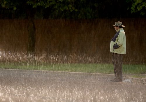 A pedestrian wait to cross Marion Street during a heavy downpour, Saturday, July 4, 2015. (TREVOR HAGAN/WINNIPEG FREE PRESS)