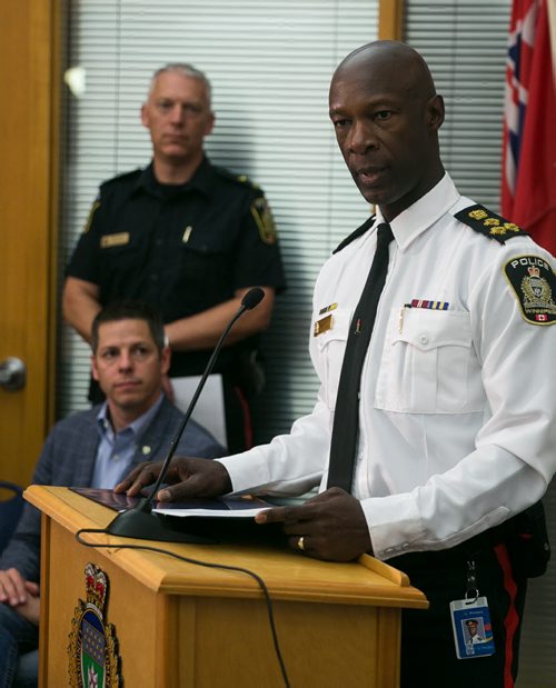 Winnipeg Police Chief Devon Clunis speaks at Winnipeg Police Service press conference on law firm bombing. Police have charged Guido Amsel two counts of attempted murder in relation to the bomb that detonated at a law firm injuring lawyer Maria Mitousis. Police have the city on high alert, as there may be additional packages.   July 06, 2015 - MELISSA TAIT / WINNIPEG FREE PRESS