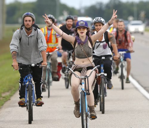 About 250 cyclists travelling along Hwy.59 were among the many heading to Birds Hill Provincial Park  early Wednesday morning as the Festival Campground opens Wednesday for the 2015 Winnipeg Folk Festival that begins Thursday. The earlier you arrive the better the campsite you can acquire, any area near trees are in highest demand. Wayne Glowacki / Winnipeg Free Press July 8  2015
