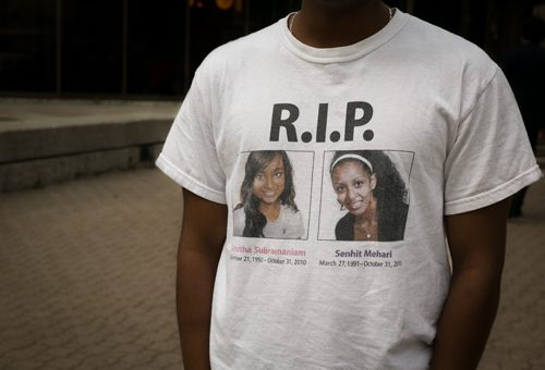 Friends of Senhit Mehari, 19, and Amutha Subramaniam, 17, who were killed in 2010 drunk driving collision, console each other outside the Law Courts after sentencing in the case. The teen convicted of drunk driving was sentenced to a maximum youth sentence of two years in custody, one year supervision.   July 08, 2015 - MELISSA TAIT / WINNIPEG FREE PRESS