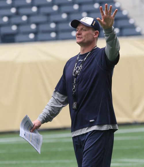 Winnipeg Blue Bombers head coach Mike O'Shea at practice Wednesday at Investors Group Field- The Team is preparing for a home tilt against the Montreal Alouettes Friday -See Paul Wiecek Story - July 08, 2015   (JOE BRYKSA / WINNIPEG FREE PRESS)