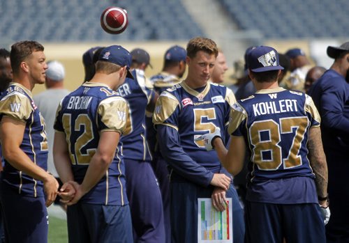 WINNIPEG BLUE BOMBERS WALK THROUGH PRACTICE AT THE STADIUM. The quarterbacks. #5 Drew Willy is expected to play on Friday. BORIS MINKEVICH/WINNIPEG FREE PRESS July 9, 2015