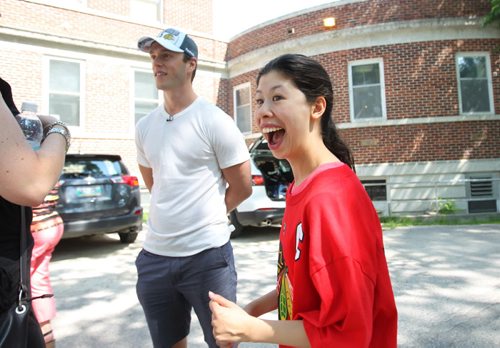 Keera Lyall beams as she talks to Jonathan Toews, Chicago Blackhawks captain and Stanley Cup champion, on his visit to the Rehabilitation Centre for Children Friday with the 2015 Stanley Cup.   July 10, 2015 n Ruth Bonneville / Winnipeg Free Press