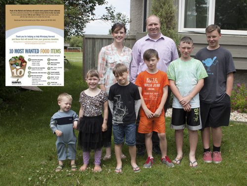 The 10th annual Latter-day Saints Summer Food Drive kicks off Saturday, June 18, 2015. Volunteers will be dropping off a flyer listing Winnipeg Harvests 10 most-needed items during the lean summer months. Pictured, from left, are Jill and Josh Gruninger with their children, Corbin, Britain, Gavin, Benson, Jaxon and Ethan. (John Johnston / Winnipeg Free Press)