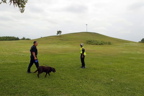 The dog from the fire commissioners office was called in to help scour the area around in behind Kildonan East Collegiate school. S earch for missing Thelma Krull. BORIS MINKEVICH/WINNIPEG FREE PRESS July 14, 2015