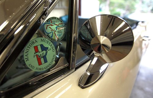 Local Club decals grave the vent window of Terry Shwaykosky's 1966 Mustang GT Convertable. See story. July 14, 2015 - (Phil Hossack / Winnipeg Free Press)