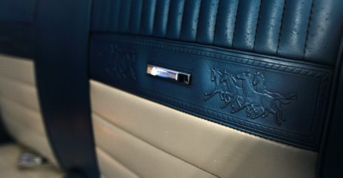 Embossed ponies on the leather seats of Terry Shwaykosky's 1966 Mustang GT Convertable. See story. July 14, 2015 - (Phil Hossack / Winnipeg Free Press)