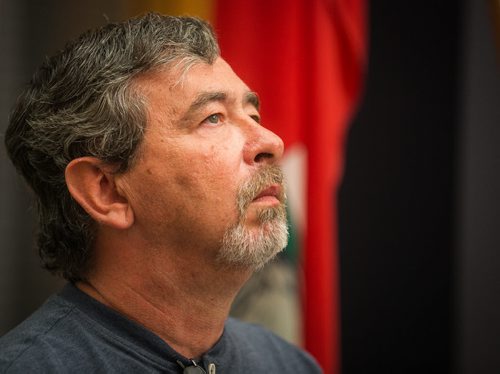 Robert Krull, husband of missing 57-year-old Thelma Krull, looks to the ceiling during a police press conference on the fifth day since his wife went missing after leaving for a walk in the Valley Gardens area. July 15, 2015 - MELISSA TAIT / WINNIPEG FREE PRESS