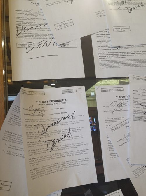 Close up of city councillor Russ Wyatt's rejected amedments. An angry  Wyatt tapes his 20 rejected amendments to the pedestrian-and-cycling strategy on Mayor Brian Bowmans door Wednesday, July 15, 2015  Kristin Annable / Winnipeg Free Press