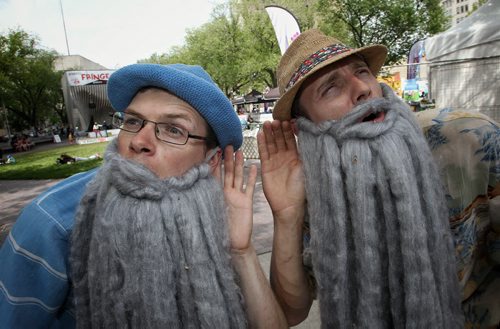 Craig Bednar (left) and Josh Logan dressed as grandparents promote their show Kids vs City which will be at #10 venue during the Winnipeg Fringe Festival.  150716 July 16, 2015 MIKE DEAL / WINNIPEG FREE PRESS