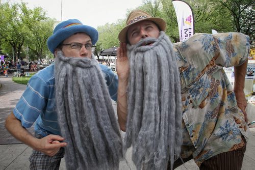 Craig Bednar (left) and Josh Logan dressed as grandparents promote their show Kids vs City which will be at #10 venue during the Winnipeg Fringe Festival.  150716 July 16, 2015 MIKE DEAL / WINNIPEG FREE PRESS