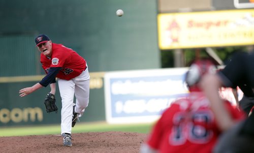 Winnipeg Goldeye hurler Kyle Anderson unleashes the ball Thursday evening at Shaw Park. Pitching the first four innings he allowed 15 hits and 8 runs before being replaced by Mark Pope in the fifth. See story. July 16, 2015 - (Phil Hossack / Winnipeg Free Press)