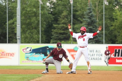 Winnipeg Goldeye Casio Grider is thankful for making it safely to third base while playing the Gary SouthShore RailCats at Shaw Park in Winnipeg on Friday, July 17, 2015.   Mikaela MacKenzie / Winnipeg Free Press