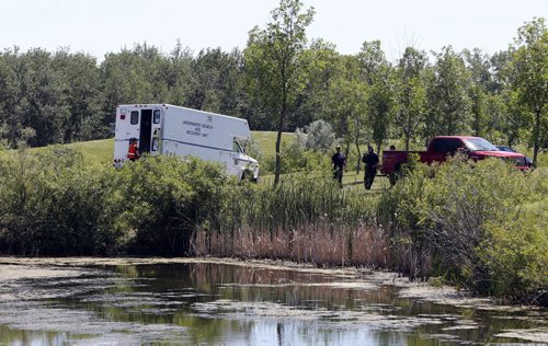 Members of the Winnipeg Police Underwater Search and Recovery Unit in Kilcona Park Wednesday afternoon as the search continues for Thelma Krull. Wayne Glowacki / Winnipeg Free Press July 22 2015