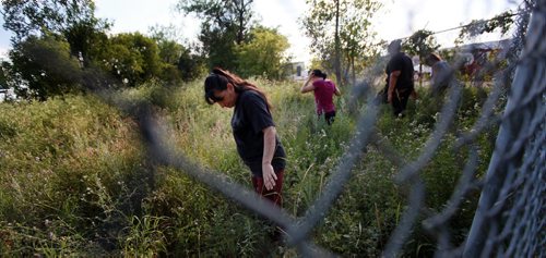 Indigenous searchers are scouring the fields in Elmwood and all of its walkways for clues to the strange disappearance of Thelma Krull, who vanished on a morning walk 11 days ago. "Well keep on going as long as searchers come out," said organizer Kim Ricker (centre) as she leads a group through industrial wastelands along Raleigh street Wednesday evening. See Alex Paul's story. July 22, 2015 - (Phil Hossack / Winnipeg Free Press)