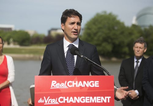 Liberal leader Justin Trudeau speaks at the Taché Promenade in Winnipeg on Thursday, July 23, 2015.  Mikaela MacKenzie / Winnipeg Free Press