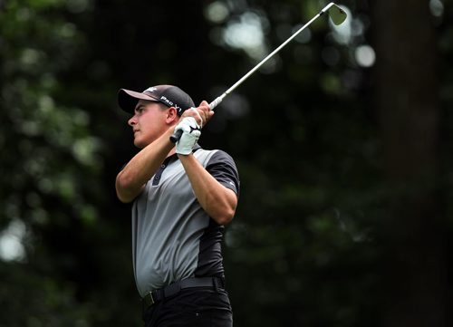 Devon Schade drives off the 18th tee at the Manitoba Amature Thursday afternoon at Bridges Golf Course in Starbuck Mb.. Schade came in to win the tournament while Ryan Sholdice finished 2nd in the provincial title. See Story. July 23, 2015 - (Phil Hossack / Winnipeg Free Press)