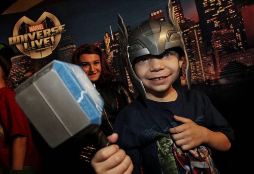 Jacob trudel, 5, who has neuroblastoma got to take part in the Marvel Universe LIVE! opening night performance Thursday evening. Before that he got the chance to meet The Black Widow a Marvel superhero during a meet and greet.  150723 July 23, 2015 MIKE DEAL / WINNIPEG FREE PRESS