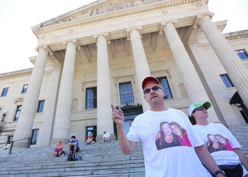 Vern Hogue and Deedra Sherbert speaking with media at the Legislative Building, Sunday, July 26, 2015. Hogue' daughter and granddaughter were killed in a collision with Crystal Vandal. (TREVOR HAGAN / WINNIPEG FREE PRESS)