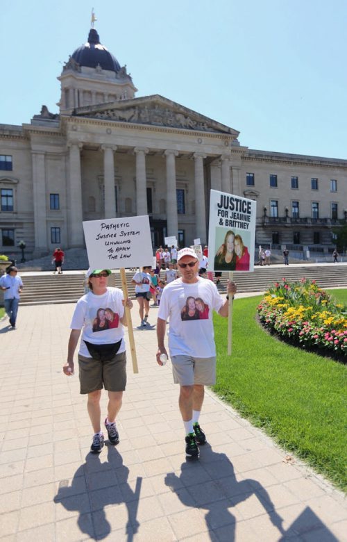 Deedra Sherbert and Vern Hogue set out on a walk from the Legislative Building, Sunday, July 26, 2015. Hogue's daughter and granddaughter were killed in a collision with Crystal Vandal. (TREVOR HAGAN / WINNIPEG FREE PRESS)