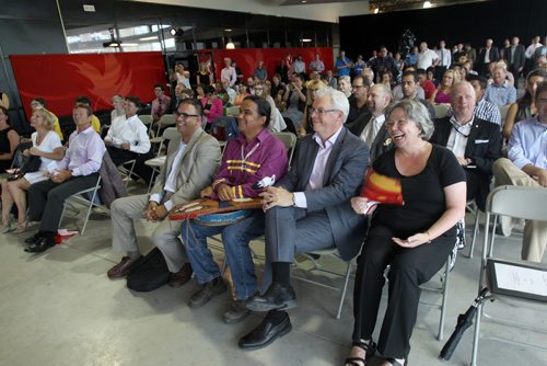 Premier Greg Selinger and MP Joyce Bateman , front right, at a ceremony at the Pan Am Pool today marking two years until the start of the 2017 Canada games that will be held in Winnipeg See Melissa Martin story- July 28, 2015   (JOE BRYKSA / WINNIPEG FREE PRESS)